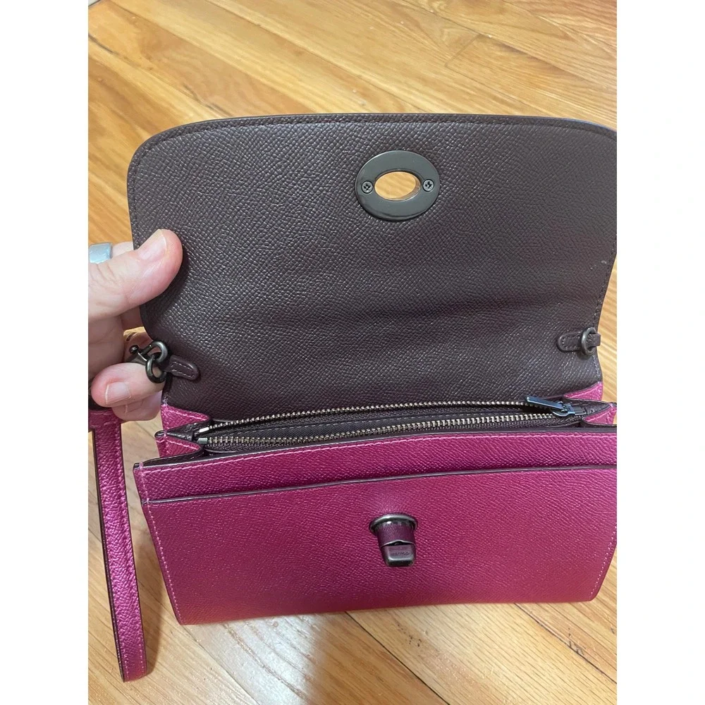 Coach Metallic Raspberry Wristlet Clutch Crossgrain Leather Turn Lock F22828